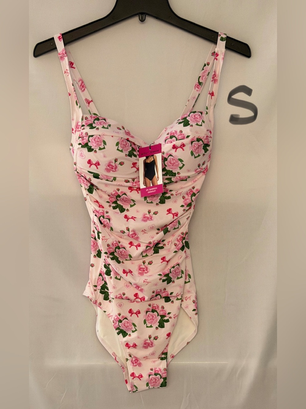 Betsey Johnson Pink Rose-Print One-Piece Swimsuit with Green Leaves
